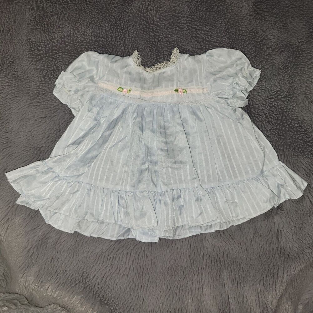Vintage Cutest One 12 Months Baby Dress & Bloomers Blue White Lace